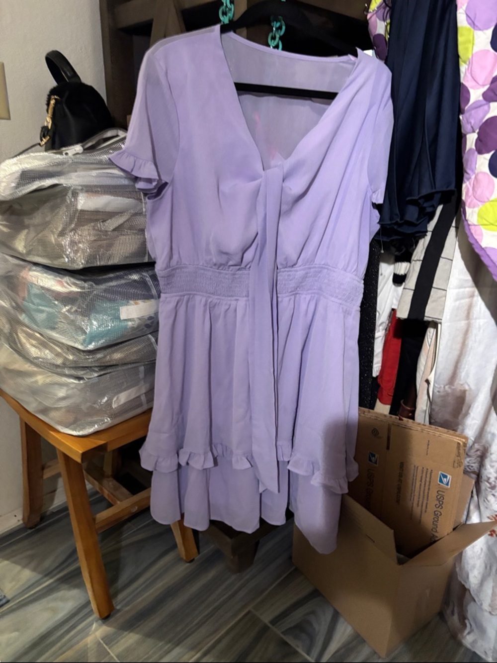 Aritzia Lilac V-Neck Ruffle Midi Dress